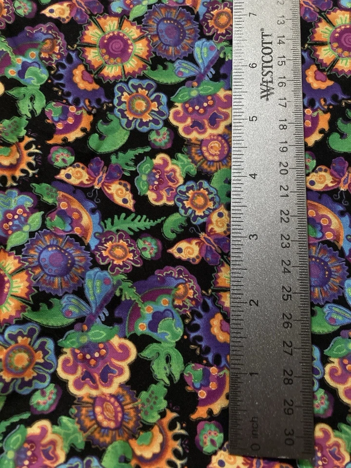 Color Brillante Flores Geométricas Mariposas Negro Tela AvLyn Posibilidades 4Y Foto 2 de 4