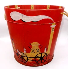 VINTAGE SIGNED HELEN HUME PRIMITIVE RED WOODEN FOLK ART HAND PAINTED BUCKET