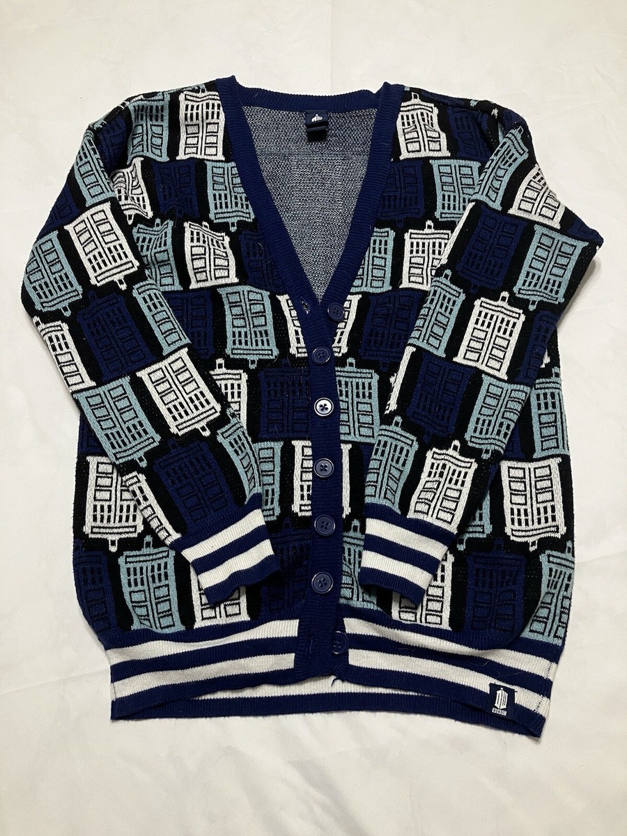BBC DR WHO Hot Topic Cardigan Sweater Tardis Phone Booth Grandpa Cardigan sz Sm