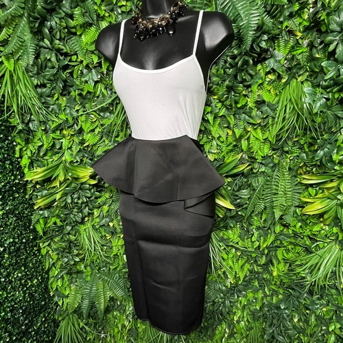 Women Skirt Medium Black Midi Peplum Stretch Fitted Ruffle Fits Small AOMEI 1284