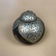 Vintage Small Moroccan Pot Wooden With Silver Metal Overlay Lid Decorative