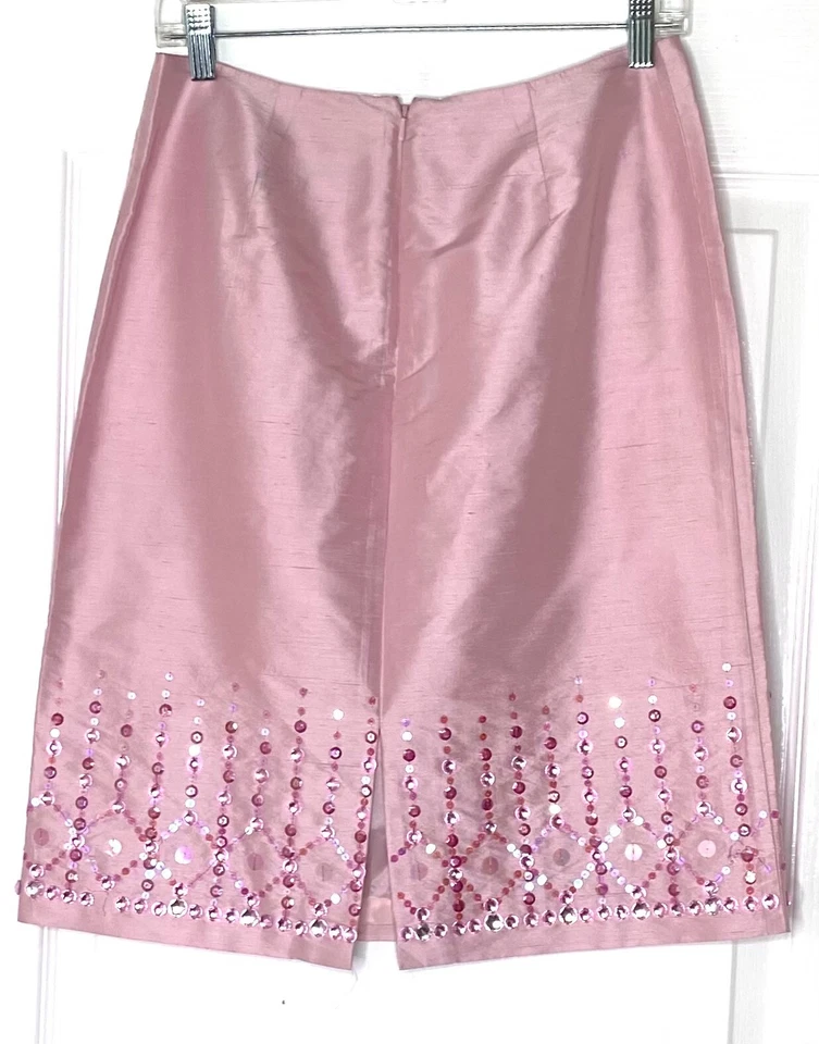 OSCAR de la RENTA Pink Dupioni Silk Beaded Embellished Pencil Skirt 8P = Petite - Image 2 of 4