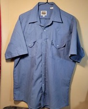 VTG ELY CATTLEMAN LRG Pearl Snap Short Sleeve Pale Blue Stripped Cowboy West