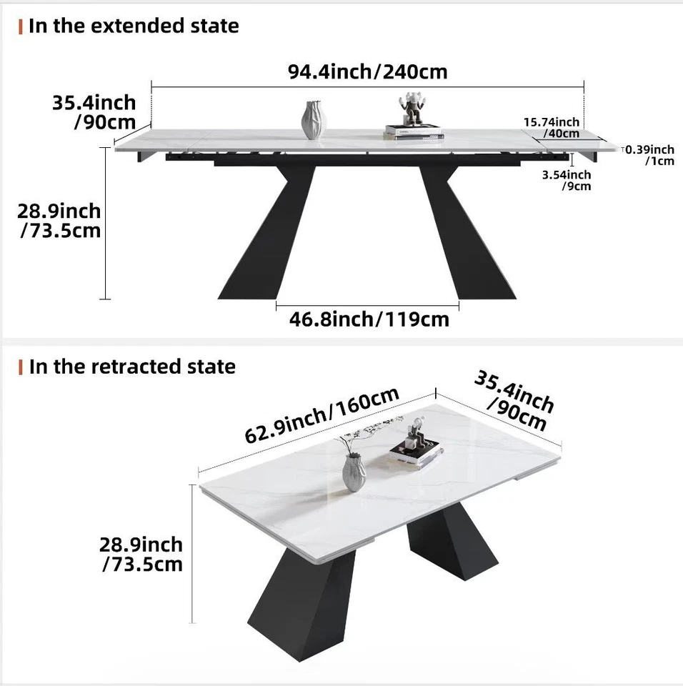 Mesa de comedor extensible (62,9" a 94,4") para piedra sinterizada rectangular de 6 a 10 Foto 2 de 4