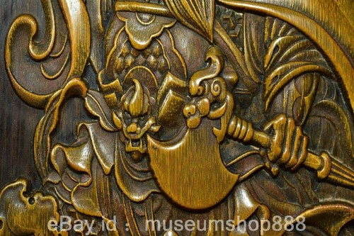 14" Old Chinese Ebony Wood Inlay Bamboo Reed Door God Sculpture Pendant Pair - Picture 4 of 9