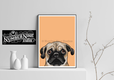Mops Welpe orange Kunstwerk Illustration Druck, signiert vom Künstler. Limitiert sehr selten.