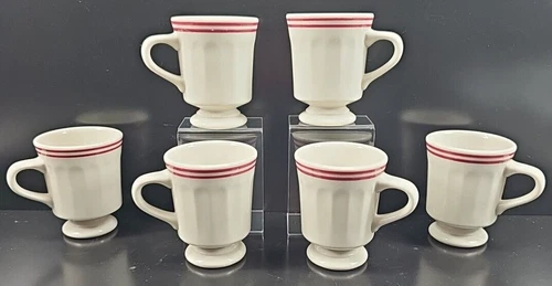 6 Syracuse China Red Bands Pedestal Mugs Set Vintage Restaurant Ware Dishes Lot