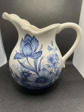 Vintage Enesco Small White Pitcher/Creamer/Vase with Blue Flowers