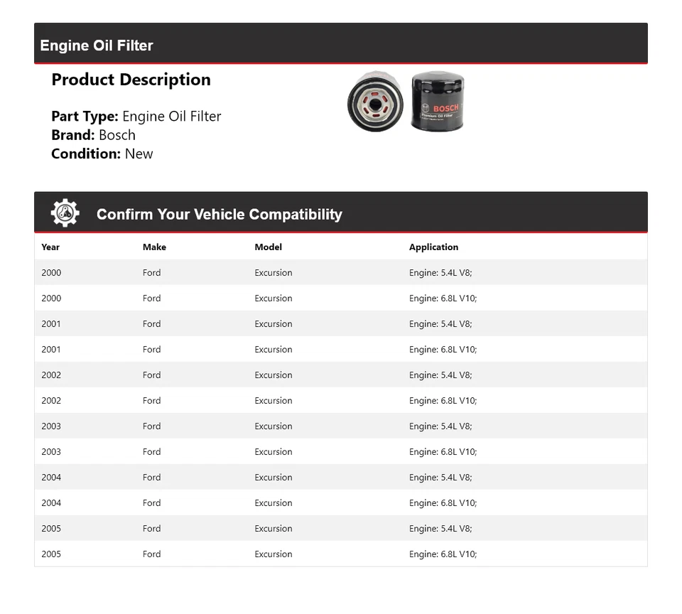 Filtro de aceite premium para Ford Excursion Bosch 2000-2005 2001 2002 2003 2004 Foto 2 de 3