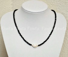Faceted 3mm Bright Black Spinel Gems 9-10mm White Baroque Pearl Necklace 18''