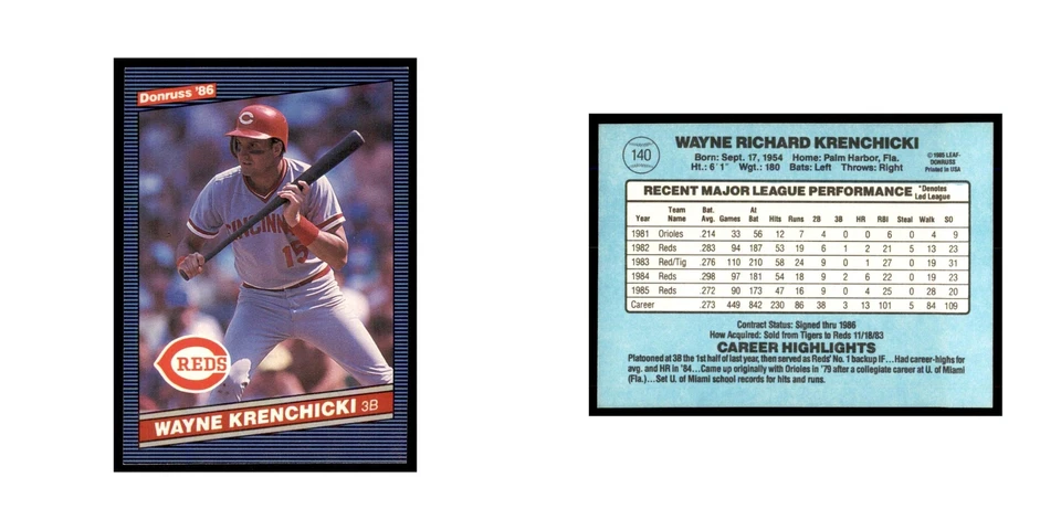 1986 Donruss Wayne Krenchicki Reds #140 - Image 3 of 3