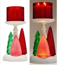 LIGHT UP PEDESTAL 3-WICK CANDLE HOLDER GLASS CHRISTMAS TREES BATH & BODY WORKS