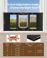 Cat Door for Window, Adjustable to Fit Window Width 27"-32", 4 Secure Lock Mode