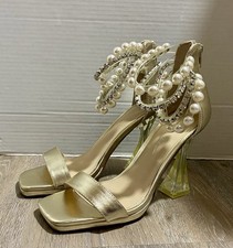 Betsey Johnson SB-Rider Gold Heels Shoes Pearl Rhinestone Embellishment Size 8M
