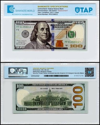 USA 100 Dollars 2017A P-548z Used REPLACEMENT/Star TAP