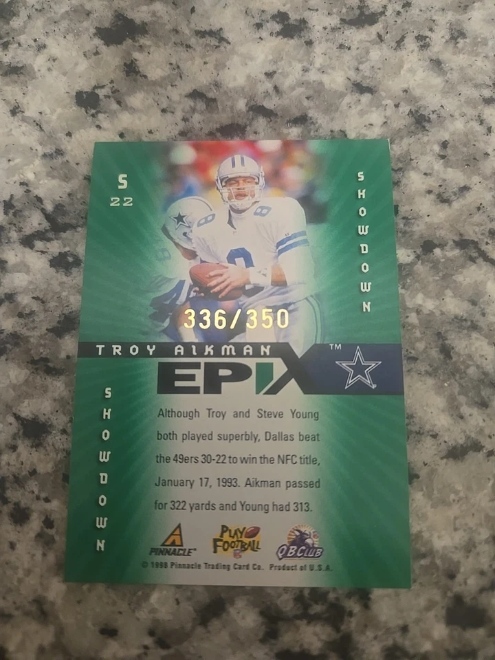 Troy Aikman 1998 Pinnacle Epix Green Showdown #336/350 Cowboys MINT SUPER RARE. - Image 2 of 2