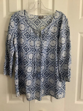 J Jill Long Sleeve Tunic Top Cotton Blue White Tied Neck w Pleats XS