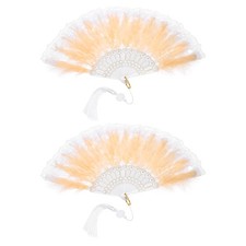 2 Pcs Vintage Folding Fan, Embroidered Flower Feather Fans, Champagne Lace 