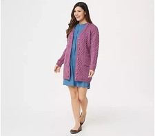 Aran Craft Merino Wool Long Boyfriend Button Front Cardigan Berry Size XL NEW