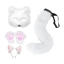 Fox Ears Headband and Tail Fox Costume Set for Party Carnival Masquerade White