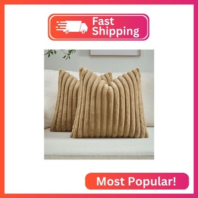 FUTEI Pack of 2 Faux Fur Throw Pillow Covers 18x18 Inch, Camel