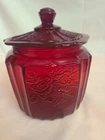 Vtg  Anchor Hocking Ruby Red Glass Mayfair Open Rose Biscuit Cookie Jar