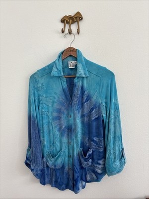 Parsley & Sage Tie Dye Water Color Button Front Roll Tab Sleeve Top Size L Boho