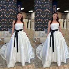 Elegant Wedding Dresses Strapless With Belt Satin A Line Sweep Train Bridal Gown