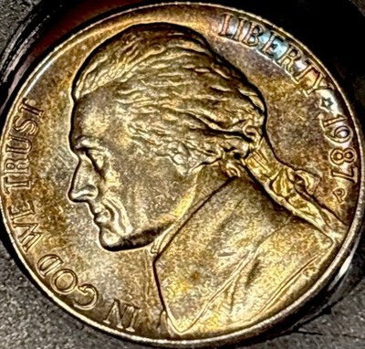 6 Full Steps! Superb Gem BU 1987 P Jefferson Nickel Toned US Coin 6FS
