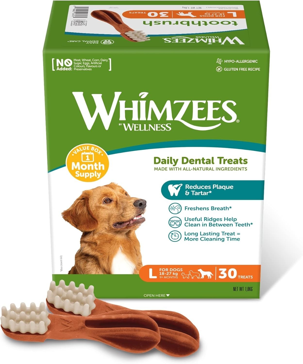 WHIMZEES Toothbrush L, Month Box, 30 Pieces Dog Dental Stix, Size L Free SHIP.