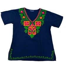 Royal Moda Embroidered Floral Boho Tunic Top Hippie Mexican Festival Women Sz L