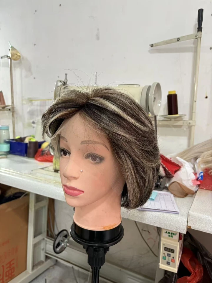 Women Short Pixe Cut Brown with Blonde Highlight Wigs Human Hair Lace Front Wigs - Image 3 of 4