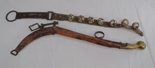 Antique Sleigh Jingle Bells Leather Strap & Horse Hames Wood & Brass