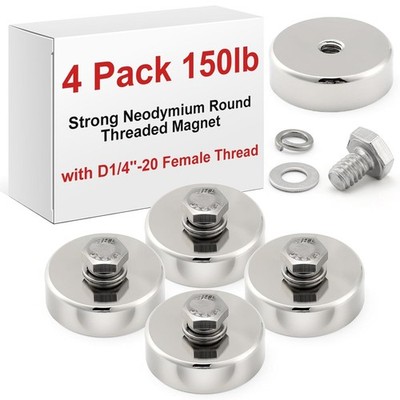 4 Pack Strong Neodymium Round Threaded Magnet with D1/4''-20 Female Thread, 1...