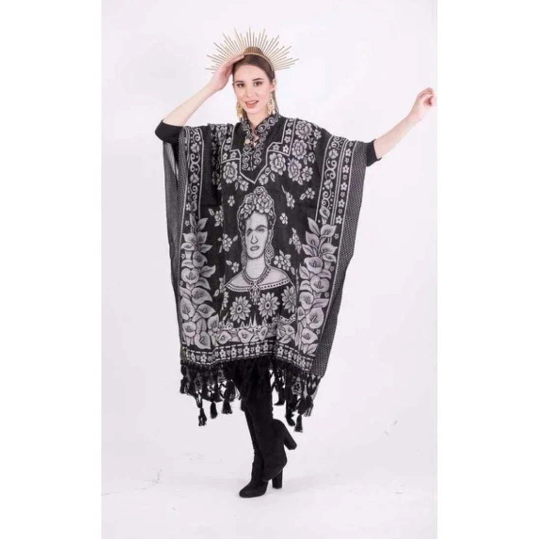 Frida Kahlo Poncho Tunic Black Gold Serape Fringe One Size Fits All Boho Art