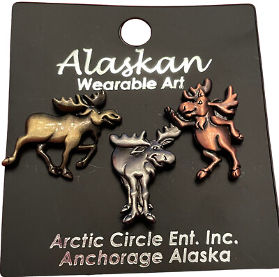Alaskan Wearable Art Arctic Circle Ent. Inc Moose Set of 3 Pinbacks on Card New