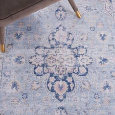 Machine Washable Ruggable STYLE  Antique Faded Oriental Blue Medallion Rug