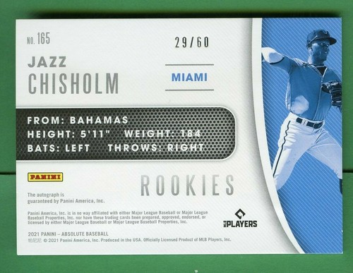 JAZZ CHISHOM 2021 ABSOLUTE ROOKIE LEATHER SIG AUTO /60 MIAMI MARLINS - Picture 2 of 2