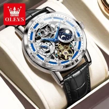 OLEVS Skeleton Self-Wind Automatic Mechanical Mens Watch Leather Band Moon Phase