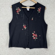 Koret Sweater Vest Womens Small Black Embroidered Floral Button Front Sleeveless