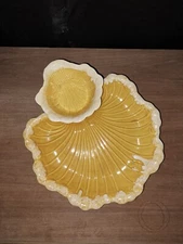 Vintage California Pottery Yellow SeaShell Chip And Dip Platter Set 13"