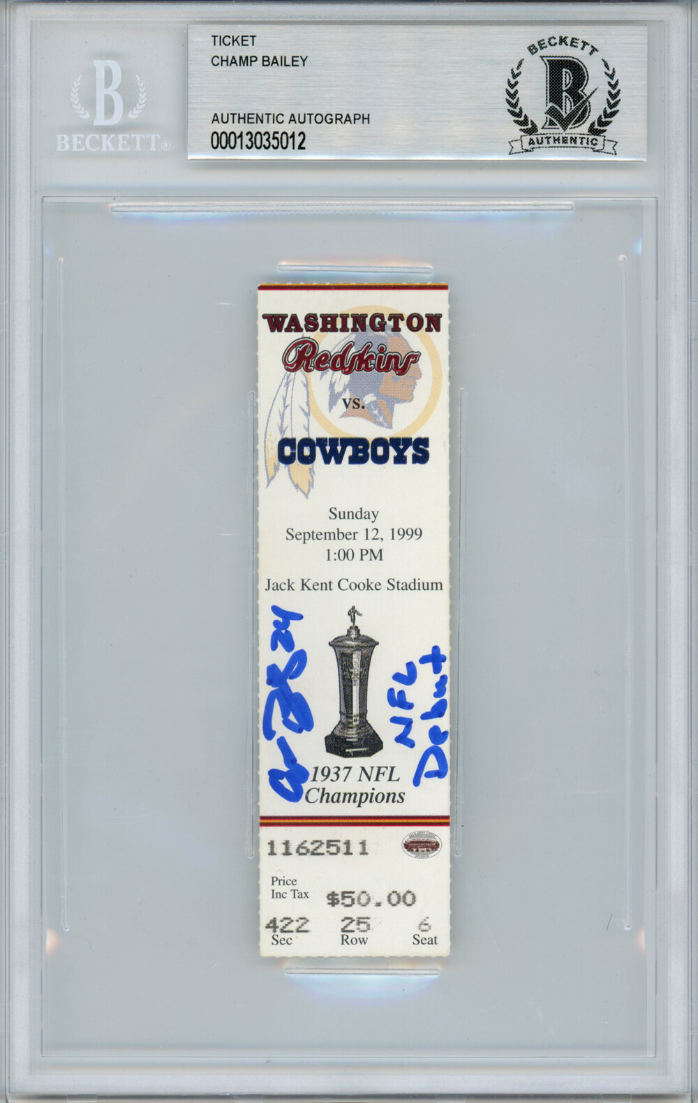 Champ Bailey Autographed Signed Washington Redskins Ticket Stub NFL Debut Beckett Slab 30551 