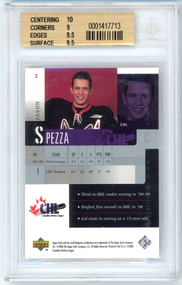 Jason Spezza BGS 9.5: 1999-00 Upper Deck NHL Prospects Highest Subs HGIP - Image 2 of 4