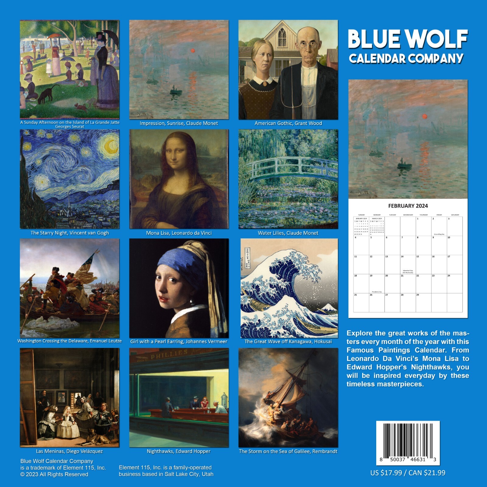 2024 Famous Paintings Iconic Artwork Monthly Wall Calendar 2024