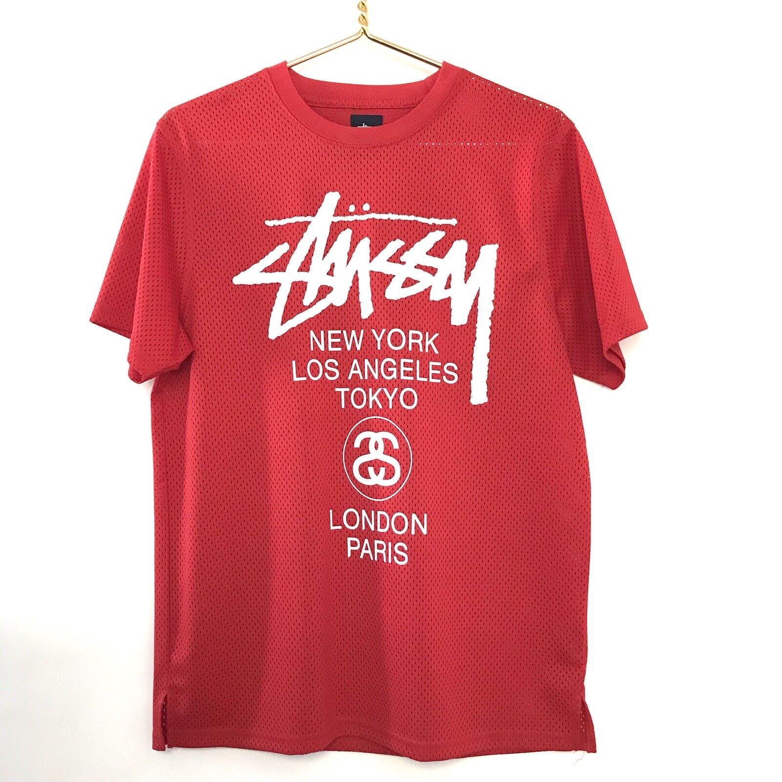 Stussy Mens World Tour Mesh T-Shirt S Jersey Red NY LA Tokyo