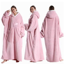 Extra Long Wearable Blankets Winter Flannel Hooded Blanket with Full Sleeves