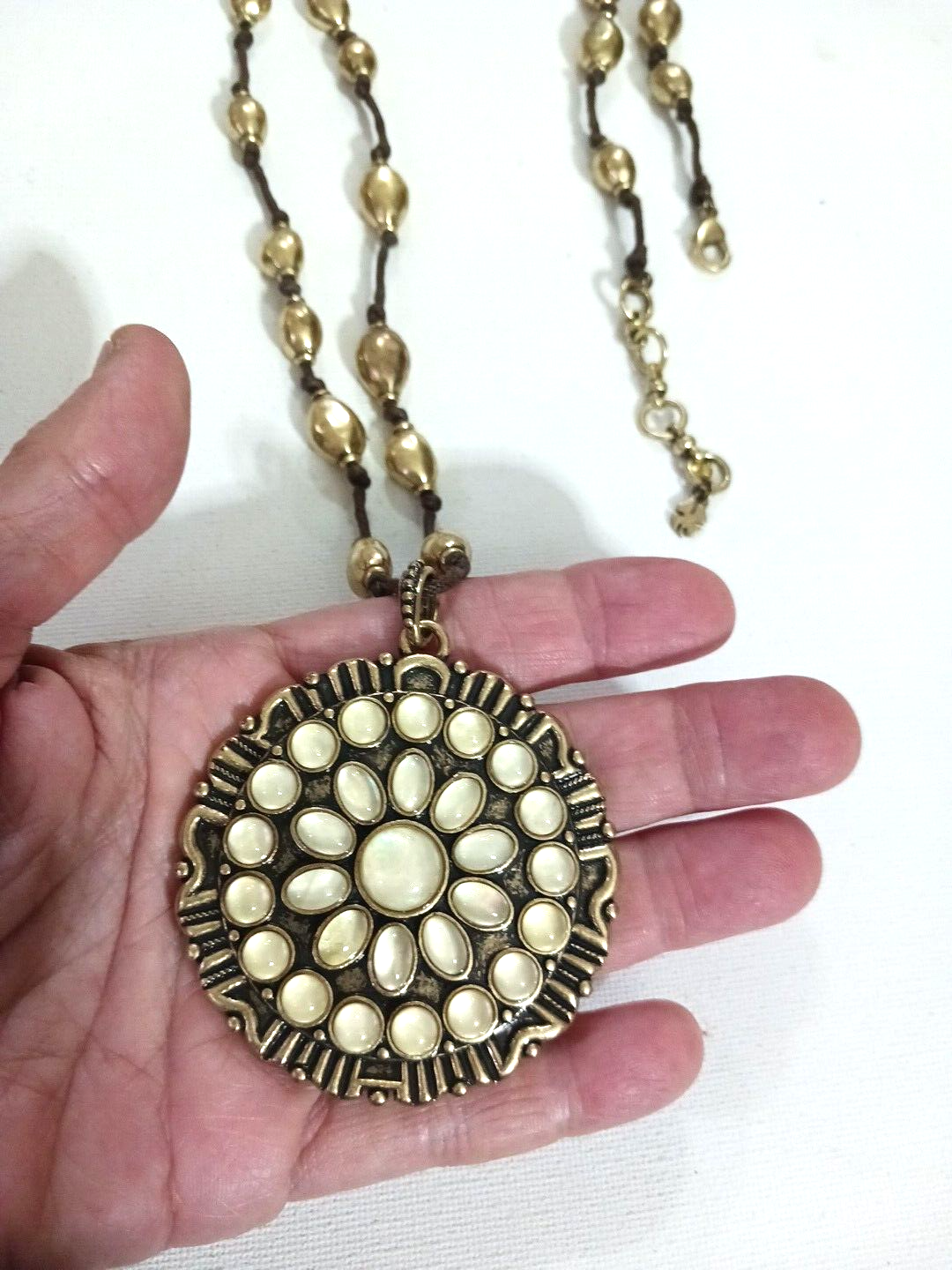 Gold-Tone Clover Necklace with Large Beaded Pendant and Stones-image