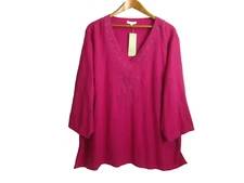 New St Tropez West Womens Plus 3X Purple Embroided Linen Blend Shirt Tunic NWT