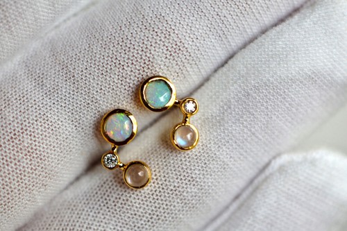 Australian Opal Diamond & Blue Moonstone Earrings 14k Gold - Picture 8 of 10