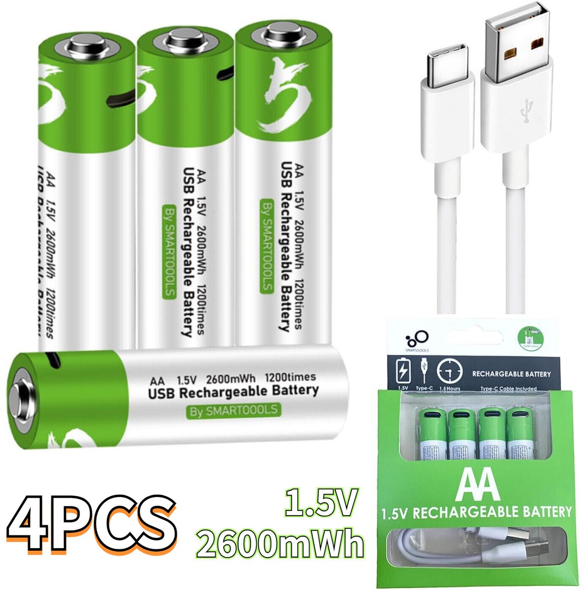 4PCS 1.5V 2600mWh USB Rechargeable AA Batteries Li-ion With